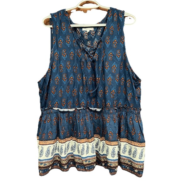 Maurices Paisley Print Tank Top Lace Up Sleeveless Blue Orange Boho Plus 2XL - Picture 1 of 7